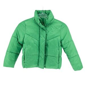 GAP Women's Medium Tall Big Puff Crop‎ Jacket Green Full Zip Snap Primaloft Coat